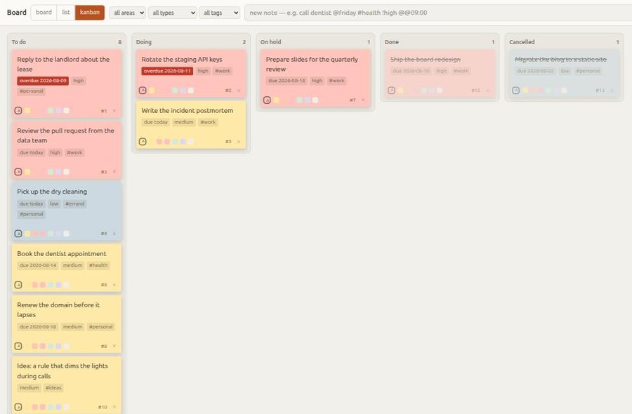 Terminal Assistant kanban board with tasks ordered by due date